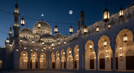 Hassan II Mosque in Abu Dhabi at night, United Arab Emiratesの素材