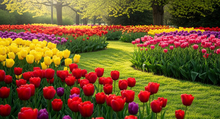 Colorful tulips blooming in Keukenhof park in Netherlandsの素材