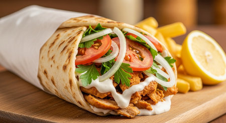 Tortilla with meat, tomato and onion on a wooden boardの素材