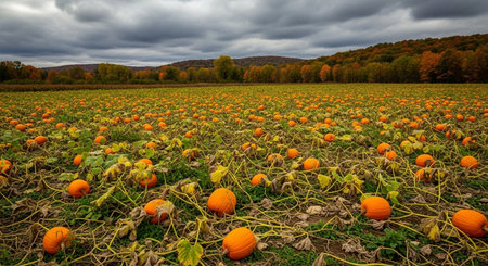 Pumpkin patch at autumn time with cloudy sky in background.の素材