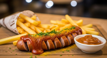 Grilled hot dog with french fries and ketchup on wooden tableの素材