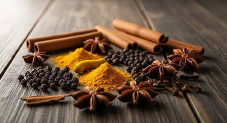 Spices on wooden table, closeup. Food and cuisine ingredientsの素材