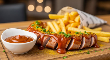 Grilled sausages with ketchup and french fries on wooden boardの素材