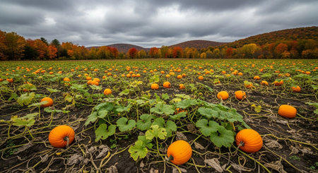 Pumpkin patch on a cloudy day in Autumn, Pennsylvania.の素材