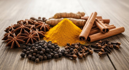 Spices and herbs on wooden background. Food and cuisine ingredients.の素材