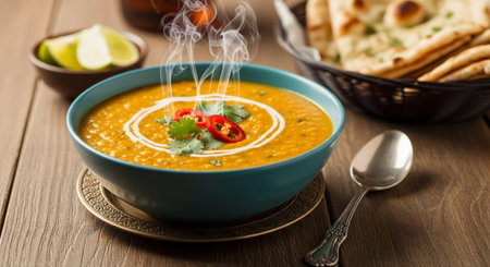 Pumpkin cream soup in bowl with naan bread on wooden backgroundの素材