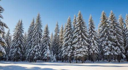 Winter landscape with snow covered fir trees and blue sky. Panorama.の素材