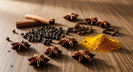 Spices and herbs on a wooden background. Selective focus.の素材