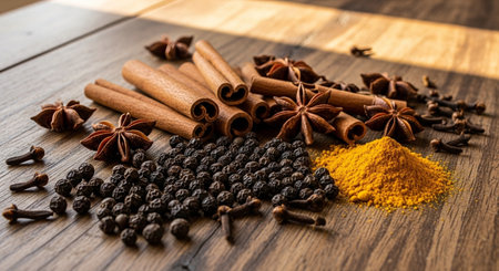 Spices and herbs on wooden background. Food and cuisine ingredients.の素材