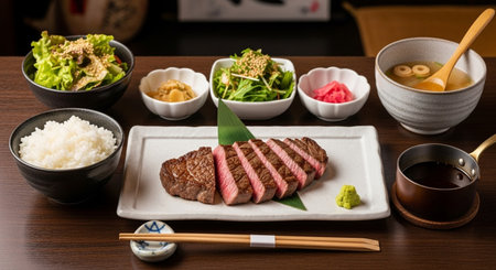 Japanese style grilled beef with rice and chopsticks on a wooden tableの素材