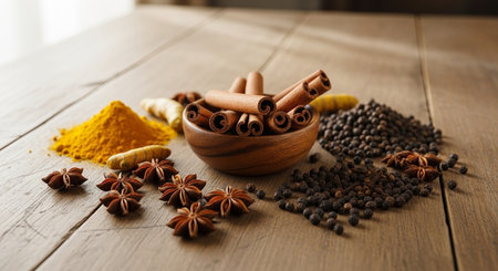 spices and herbs on a wooden table, food and drink ingredientsの素材