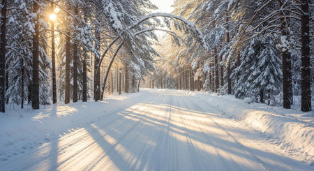 Snowy winter road through the forest at sunset. Beautiful winter landscape.の素材