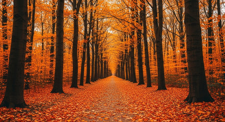 Autumnal path in the forest at sunset. Nature background.の素材