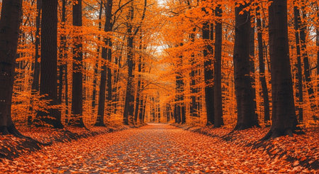 Autumnal forest road with fallen leaves. Beautiful nature background.の素材