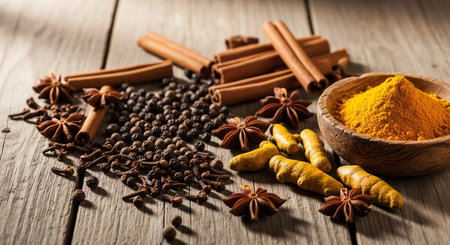 Spices and herbs on wooden background. Food and cuisine ingredients.の素材