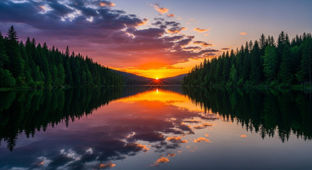 Beautiful sunset on the lake in the mountains of northern Russia.の素材