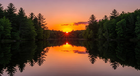 Sunset over a lake with reflection of trees in the water.の素材