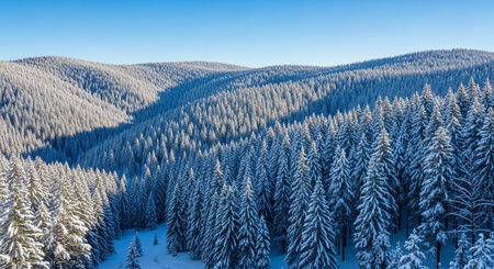 Aerial view of winter forest with snow covered fir trees. Beautiful winter landscape.の素材