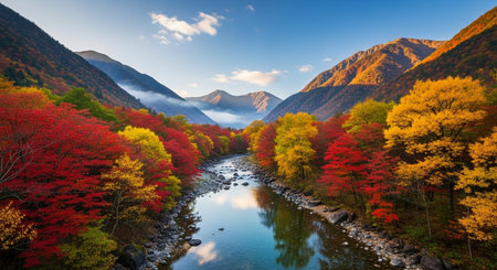 Autumn landscape with colorful forest and mountain river, Nagano, Japanの素材