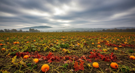 Pumpkin field with autumn leaves and fog in the background.の素材