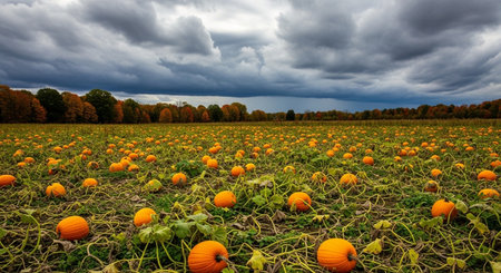 Pumpkin field with ripe orange pumpkins ready for Halloween.の素材