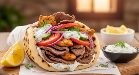 Tortilla wrap with meat, onion, tomato and cucumberの素材