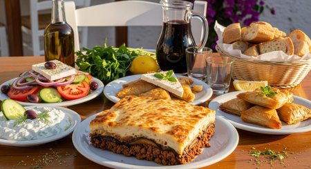Traditional Turkish and Greek dinner with meat pide, cheese and vegetablesの素材