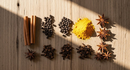 Spices and herbs on a wooden background. Top view with copy spaceの素材