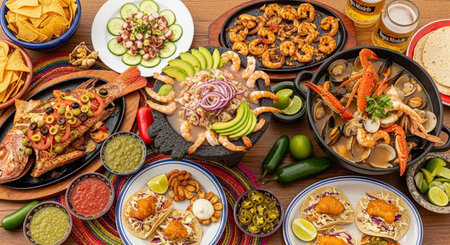 Traditional mexican food on a wooden table. Top view.の素材