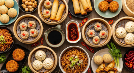 Variety of Chinese dim sum in wooden plates, top view.の素材