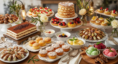 Variety of desserts and pastries on the table in the restaurantの素材