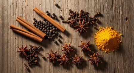 Spices and herbs on a wooden background. Food and cuisine ingredients.の素材