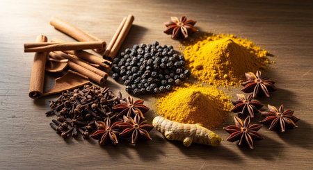 Spices and herbs on a wooden background. Food and cuisine ingredients.の素材