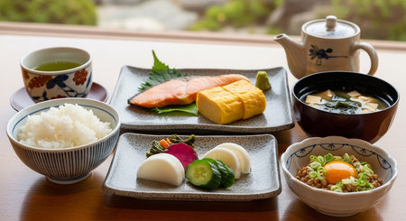 Japanese food set with rice, fish, vegetables and miso soupの素材