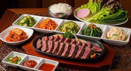 Beef steak with kimchi and vegetables on a plate.の素材