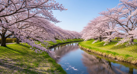Cherry blossoms in full bloom along the river, Tokyo, Japanの素材