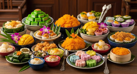 Thai desserts in bowl on wooden table. Thai traditional dessert.の素材