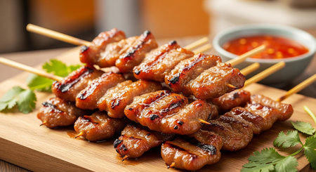 Grilled pork with sweet and sour sauce on wooden board, closeupの素材