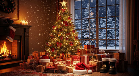 Christmas tree with presents in the living room at home 3D renderingの素材