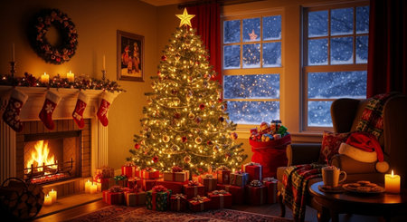Christmas tree with presents in the living room near the window at nightの素材