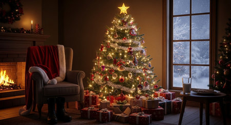 Christmas tree with presents in the living room at night 3d renderの素材