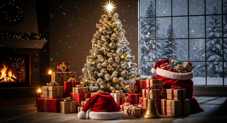 Christmas tree with presents and Santa Claus hat on the background of the windowの素材