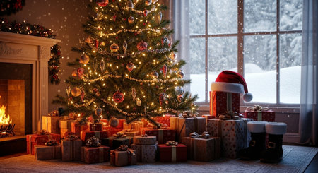 Christmas tree with gifts in the living room at home near the windowの素材