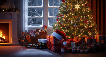 Christmas presents under the tree in the living room with fireplace at nightの素材