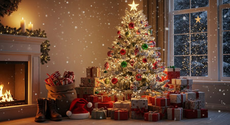 Composite image of christmas tree with presents in front of fireplaceの素材