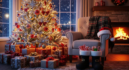 Christmas tree with presents and fireplace in the living room at home.の素材