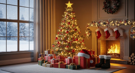 Christmas tree with presents and fireplace in the living room. 3d illustrationの素材