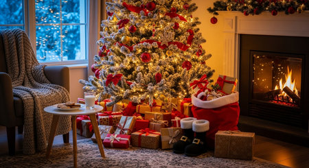 Christmas presents under the tree in the living room by the fireplace.の素材