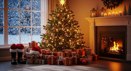 Christmas tree with presents and fireplace in room with large window at nightの素材