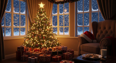 Christmas tree and gifts in front of the window. 3d renderingの素材